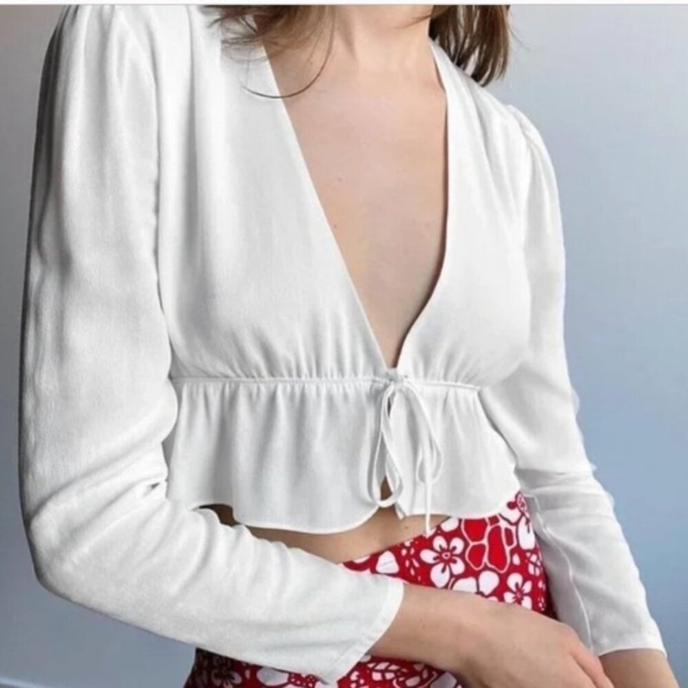 Aritzia White Cropped Tie-Front Peplum Blouse